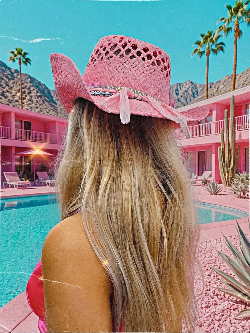 Pink Straw Cowboy Hat with Decorative Band